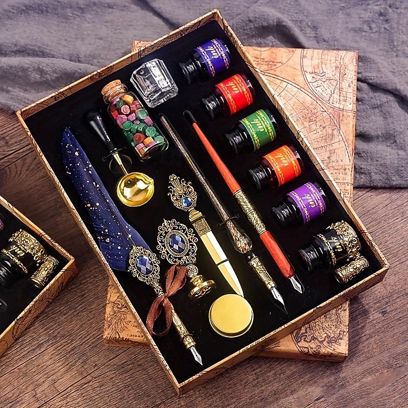 1 set Jubaboz Gift Box Feather Calligraphy Pen Set Mechanical Gear Steam Punk Dipping Pen Retro Decoration Perfect Gift Idea