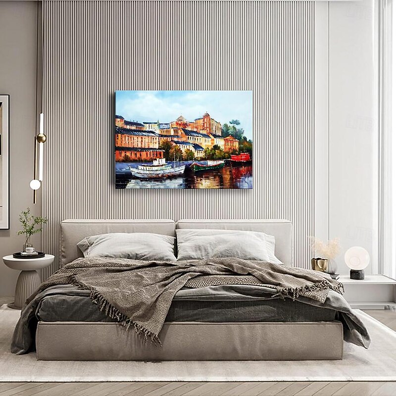 Handmade Oil Painting Canvas Wall Art Decoration Landscape Oil Painting Italian Water City Architecture for Home Decor Rolled Frameless Unstretched Painting4