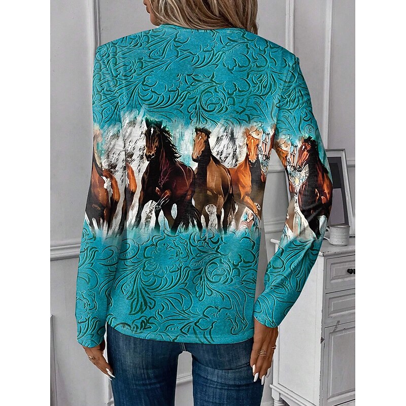 Women's T shirt Long Sleeve Crew Neck Long Sleeve Tunic Casual Horse Print Regular Tops Daily Blue Spring Fall Prefall2