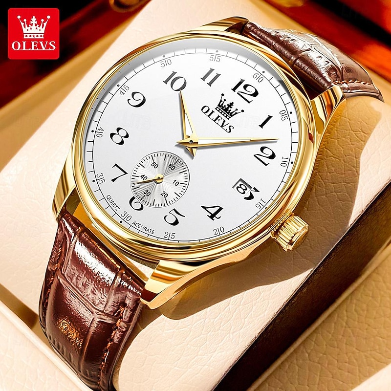 OLEVS Men Quartz Watch Minimalist Fashion Wristwatch Luminous Calendar Waterproof Decoration Leather Watch