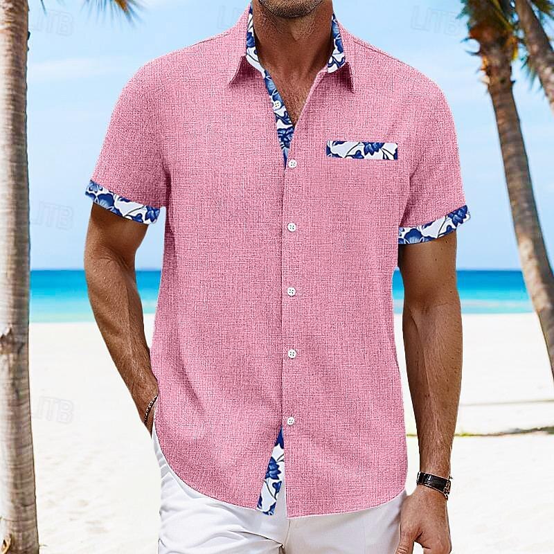 Men's Shirt Linen Shirt Summer Shirt Summer Hawaiian Shirt Color Block Vacation Curise Black White Pink Dark Navy Short Sleeve Fold-over Collar Spring & Summer Clothing Apparel Patchwork4