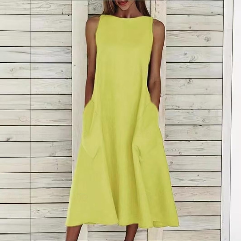 Women's Midi Dress Sleeveless Pockets Casual A-Line Silhouette Round Neckline White Summer Versatile Regular Fit Comfortable Lightweight Breathable Clothing Apparel2