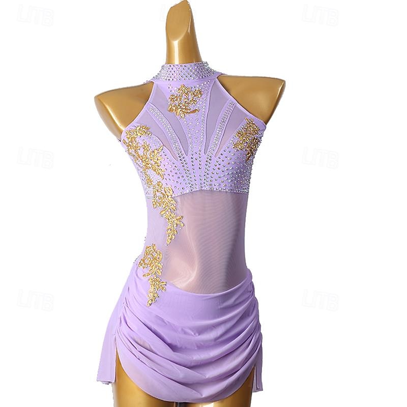 Figure Skating Dress Women's Girls' Ice Skating Dress Light Purple Patchwork Open Back Mesh Spandex High Elasticity Training Practice Professional Skating Wear Classic Crystal / Rhinestone Sleeveless