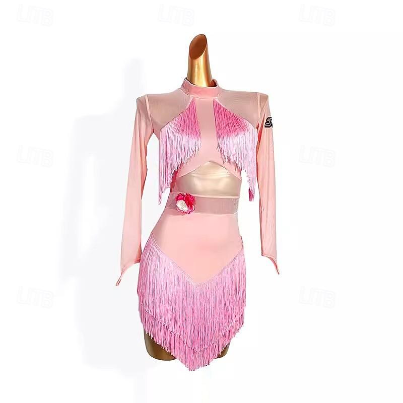 Latin Dance Dress Tassel Pure Color Splicing Women's Performance Training Long Sleeve Mesh Velvet Milk Fiber