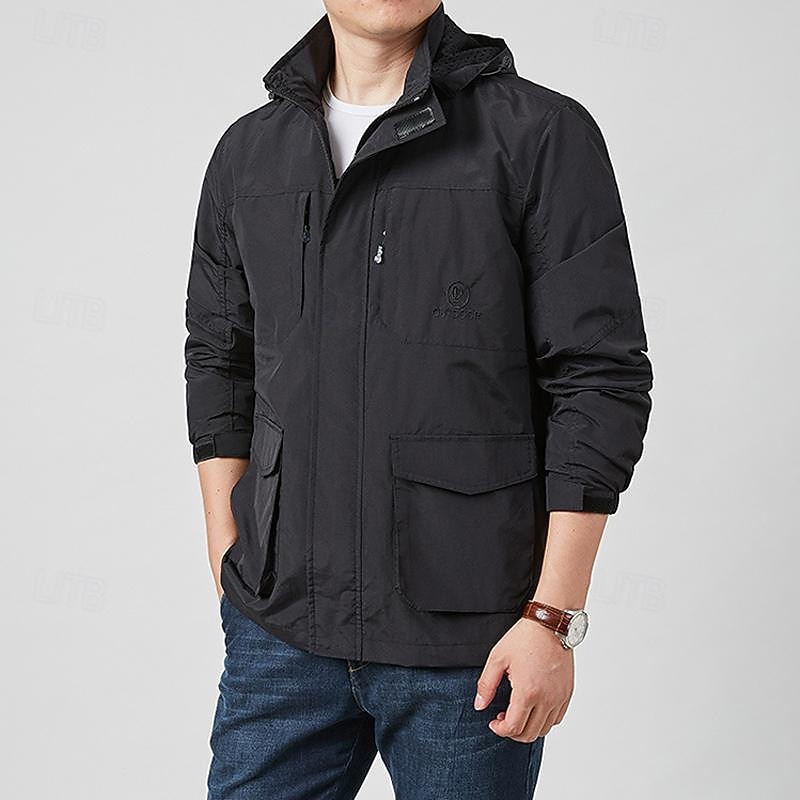 Men's Outdoor Jacket Transition Jacket Hiking Removable Multiple Pockets All Seasons Plain Casual Hooded Regular Black Khaki Dark Blue Gray Jacket 14