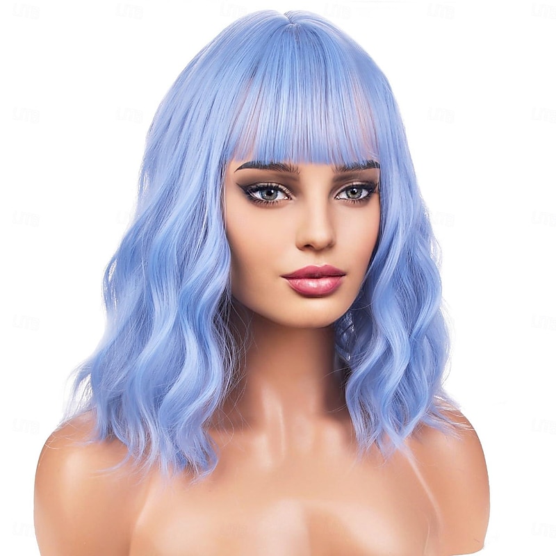 Wig for Women Girls Short Curly Wig Synthetic Wig with Bangs Lake Blue Wig Halloween Cosplay Party Wigs