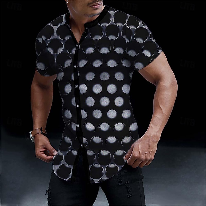 Men's Optical Illusion Shirt Button Up Shirt Short Sleeve Fashion Designer Casual Vacation Casual Going out Spring & Summer Stand Collar Print Black Yellow Red Blue Sky Blue4