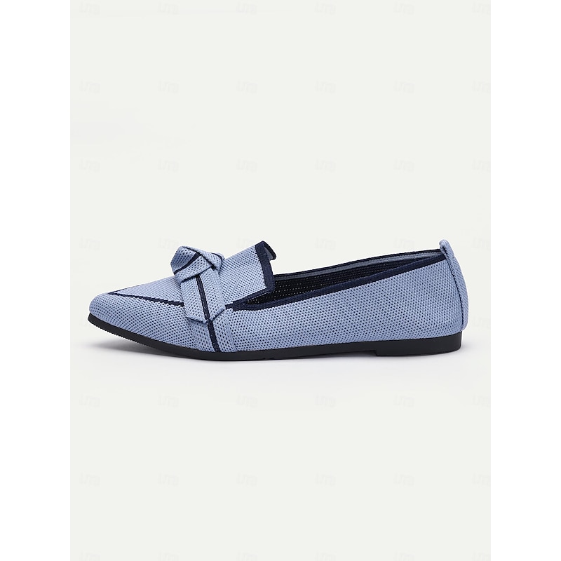 Women's Blue Knit Pointed Toe Flats with Bow – Comfortable Slip-On Loafers for Casual and Everyday Wear2