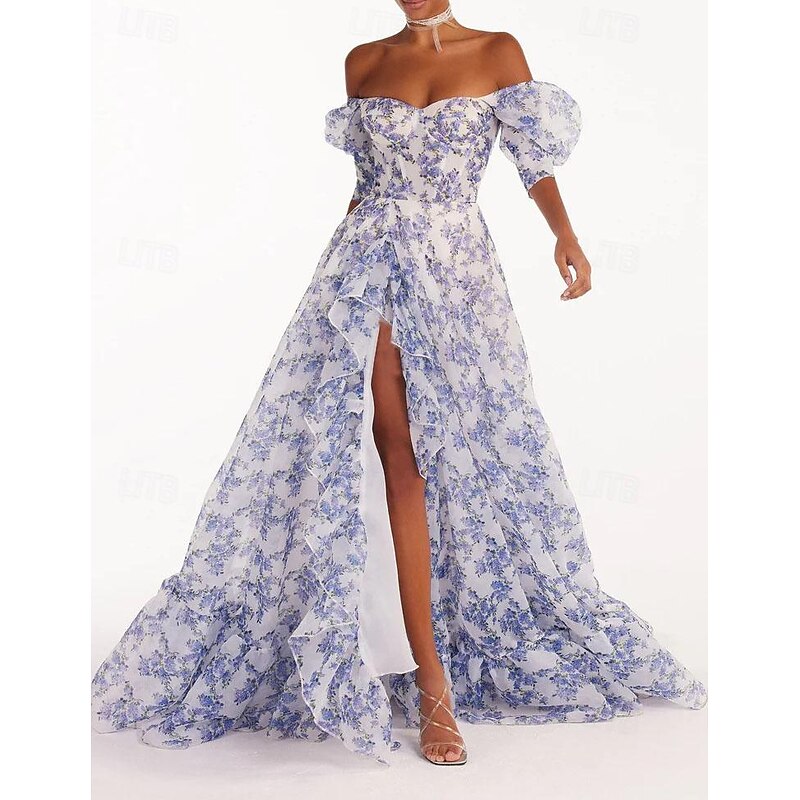 Women's Beach Dress Floral Print Asymmetrical Off Shoulder Lantern Sleeve Long Dress Maxi Dress Cute Stylish Wedding Valentine's Day Short Sleeve Summer Spring