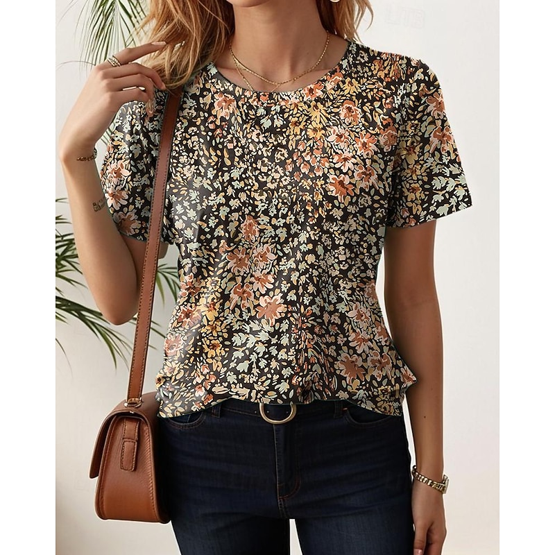Women's T Shirt Floral Stylish Casual Short Sleeve Crew Neck Regular Tops Daily Print Khaki Summer