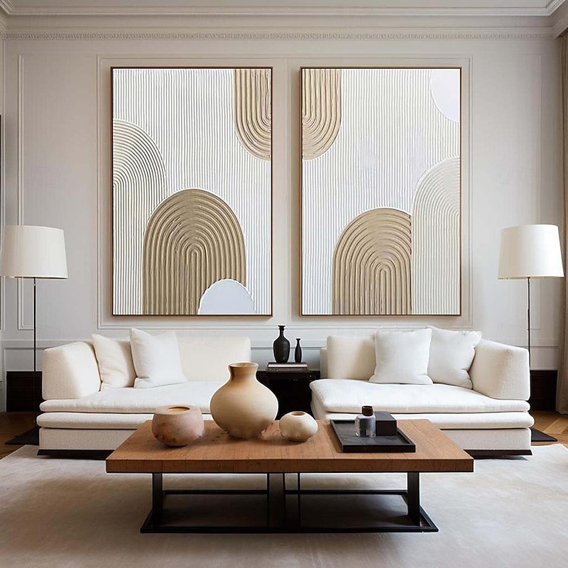 Handmade Beige Arch painting Wall Art Beige 3D Minimalist Texture Painting Beige Minimalist Wall Art A Pair Beige Painting Neutral Canvas Art3