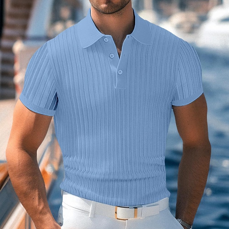 Men's Knit Polo Sweater Golf Shirt Business Casual Classic Short Sleeve Basic Modern Color Block Button Summer Spring Light Blue Pink Green Knit Polo Sweater