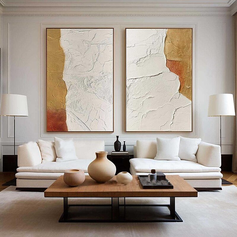 Gold Texture oil painting handmade Wall Art A Pair Gold and White Minimalist Painting on Canvas Large Gold Texture Painting White Minimalist Wall Art4