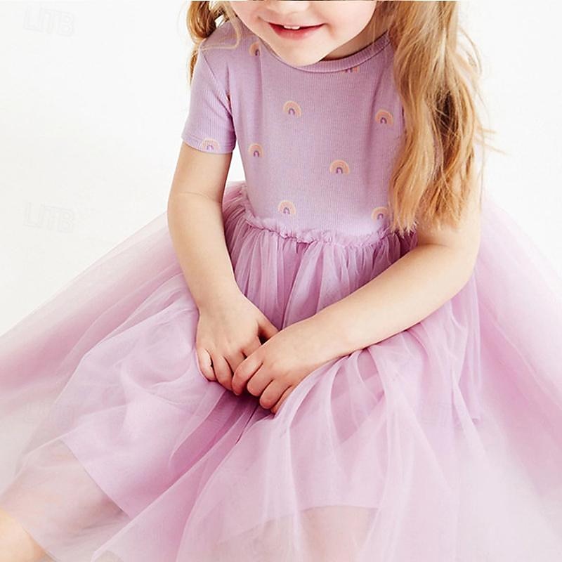 Girls' 3D Rainbow Dress Short Sleeve Summer Vacation Daily Holiday Princess Beautiful Sweet Kids 4-7 Years Casual Dress A Line Dress Knee-length Regular Fit