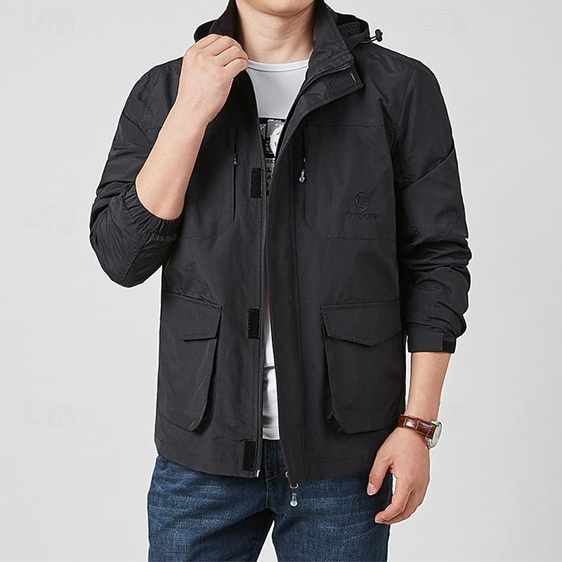 Men's Outdoor Jacket Transition Jacket Hiking Removable Multiple Pockets All Seasons Plain Casual Hooded Regular Black Khaki Dark Blue Gray Jacket 11