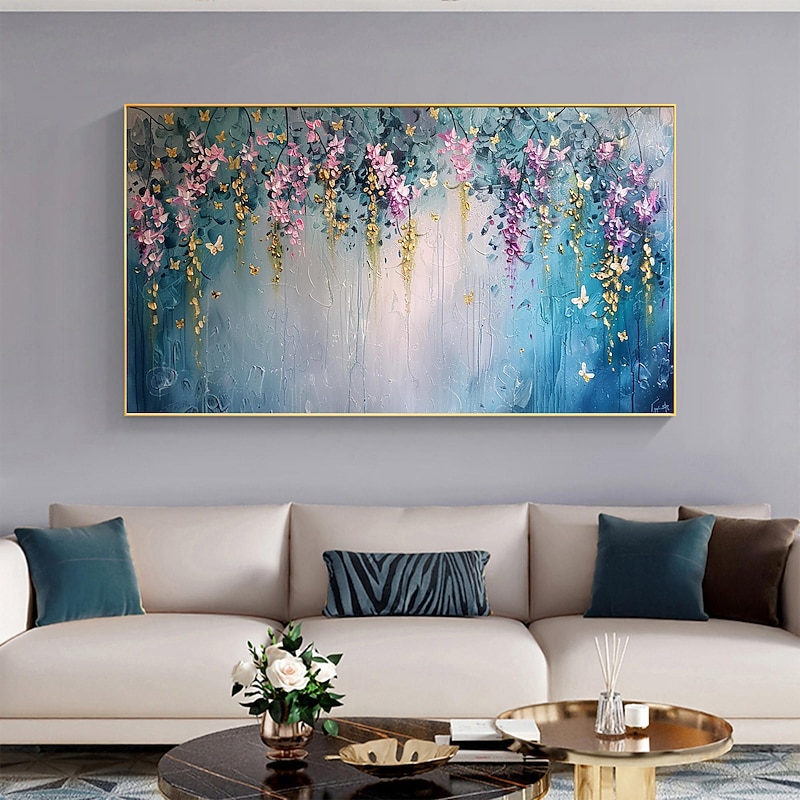 Handmade Original Gold Foil Flower Oil Painting On Canvas Abstract Wall Art Decor Gold Leaf Landscape Living Room Home Decor With Stretched Frame/Without Inner Frame Painting