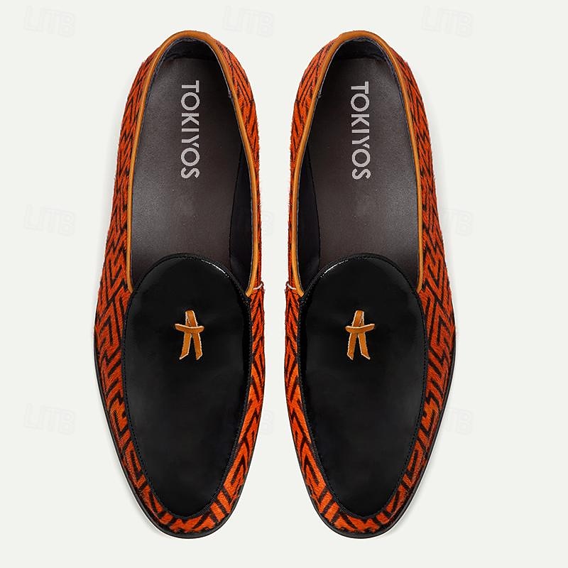 Men's Designer Patterned Leather Loafers - Stylish Flat Dress Shoes with Unique Orange and Black Design for Formal and Casual Outings2