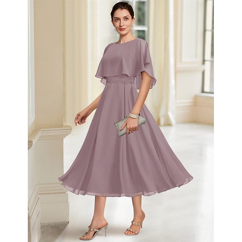 Beach Wedding A-Line Mother of the Bride Dress Elegant Jewel Neck Tea Length Chiffon Half Sleeve with Lace
