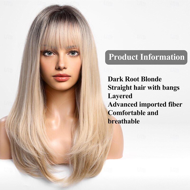 Ombre Blonde Wigs for Women Dark Root Long Straight layered Wig with Bangs Heat Resistant Fiber Synthetic Wigs Daily Natural looking Halloween Wigs4
