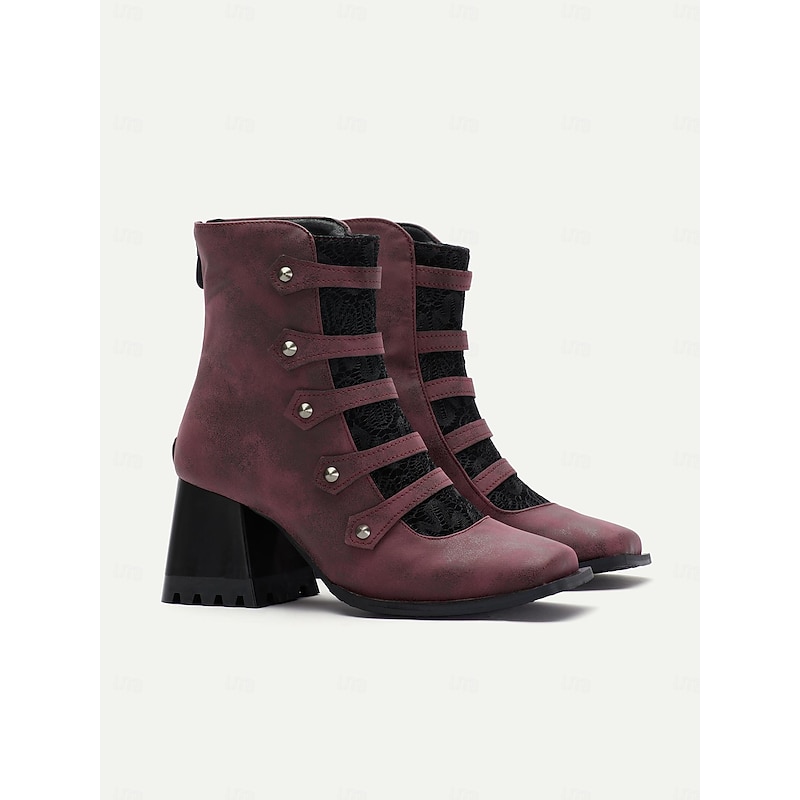 Vintage-Inspired Burgundy Strappy Boots with Chunky Heel and Lace Detail for Women, Ideal for Evening Events and Stylish Outings3