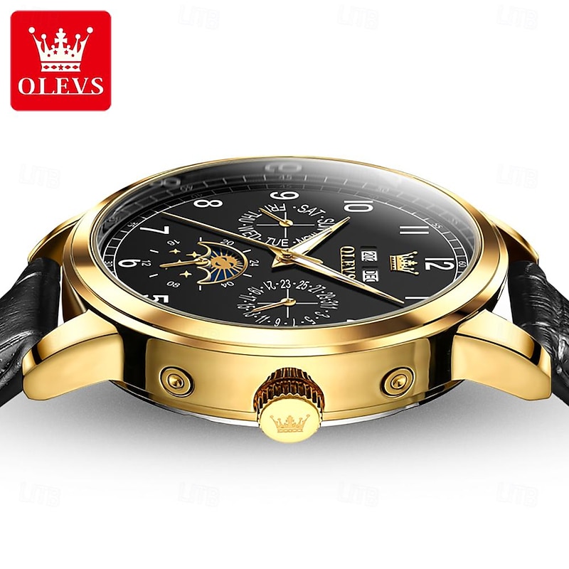 OLEVS Men Mechanical Watch Fashion Business Wristwatch Automatic Self-winding Moon phase Luminous Perpetual Calendar Leather Watch2