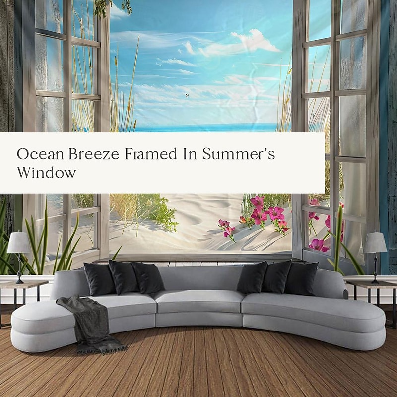 Window View Beach Hanging Tapestry Wall Art Large Tapestry Mural Decor Photograph Backdrop Blanket Curtain Home Bedroom Living Room Decoration Ocean Summer2