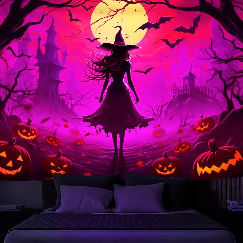 Halloween Decorations Witch Blacklight Tapestry UV Reactive Glow in the Dark Misty Hanging Tapestry Wall Art Mural for Living Room Bedroom Bats Skeleton Pumpkin2