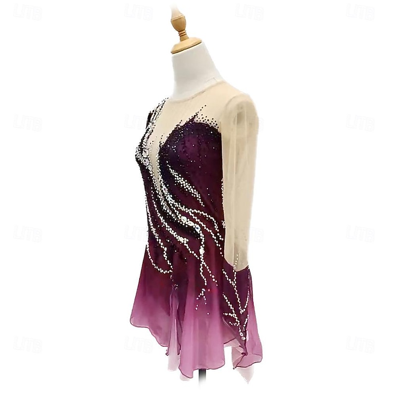 Figure Skating Dress Women's Girls' Ice Skating Dress Burgundy Dark Green Patchwork Thumbhole Mesh High Elasticity Training Competition Skating Wear Classic Long Sleeve Ice Skating Figure Skating4