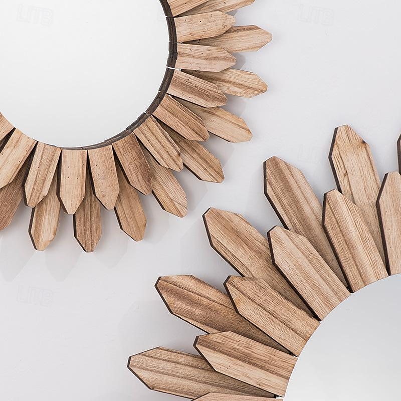 Wall Mirror Decorative Rustic Round Wood Mirrors for Wall Sunburst Boho Wall Art Decor Mirror for Cottagecore Decor Entryway Bedroom Living Room3