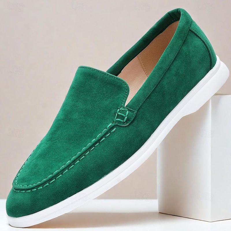 Men's Green Suede Casual Loafers with Lightweight Non-Slip White Sole, Comfortable Slip-On Design, and Breathable Material