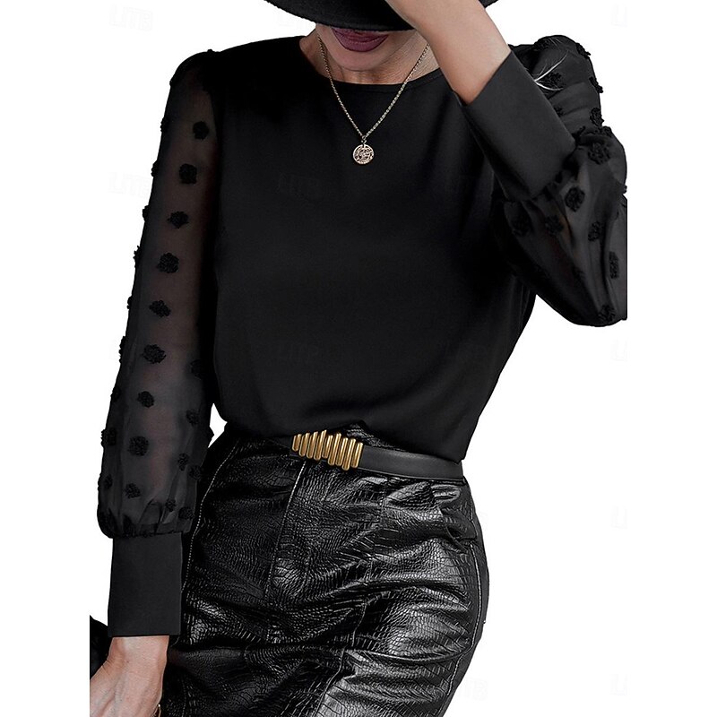 Women's Blouse Chiffon Elegant Modern Solid Color Patchwork Bishop Sleeve Long Sleeve Crew Neck Work Daily Black White Navy Blue Summer Spring Fall4