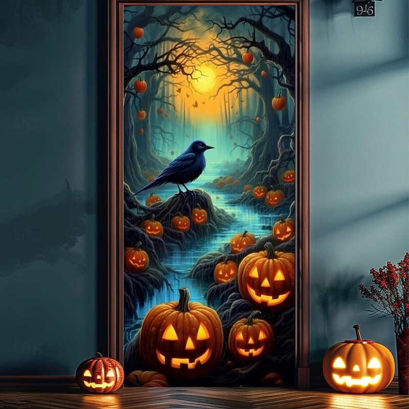 Halloween Door Decorations Halloween Door Covers Pumpkin Crow Door Tapestry Door Curtain Decoration Backdrop Door Banner for Front Door Farmhouse Holiday Party Decor Supplies