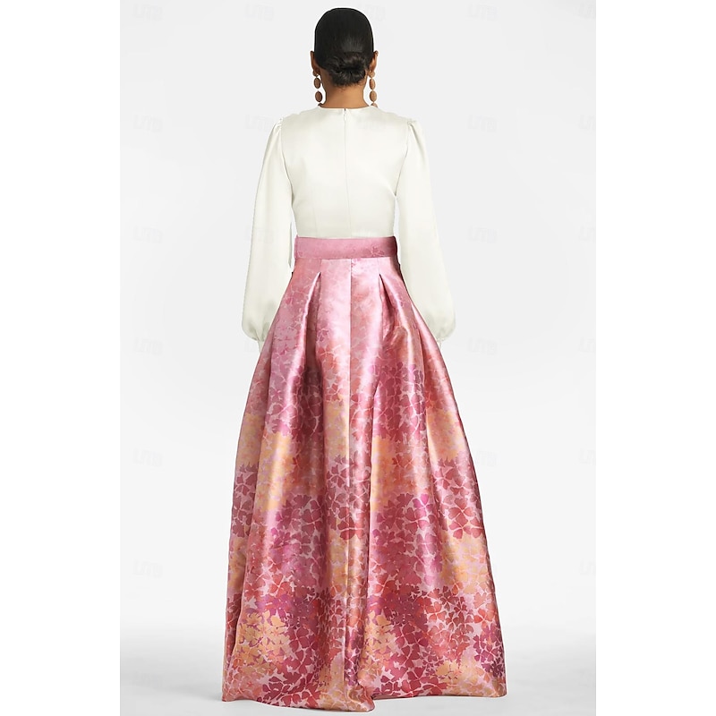 A-Line Evening Gown High Split Dress Formal Wedding Guest Floor Length Long Sleeve V Neck Belt / Sash Satin with Floral Print Slit Wedding Guest Dress4