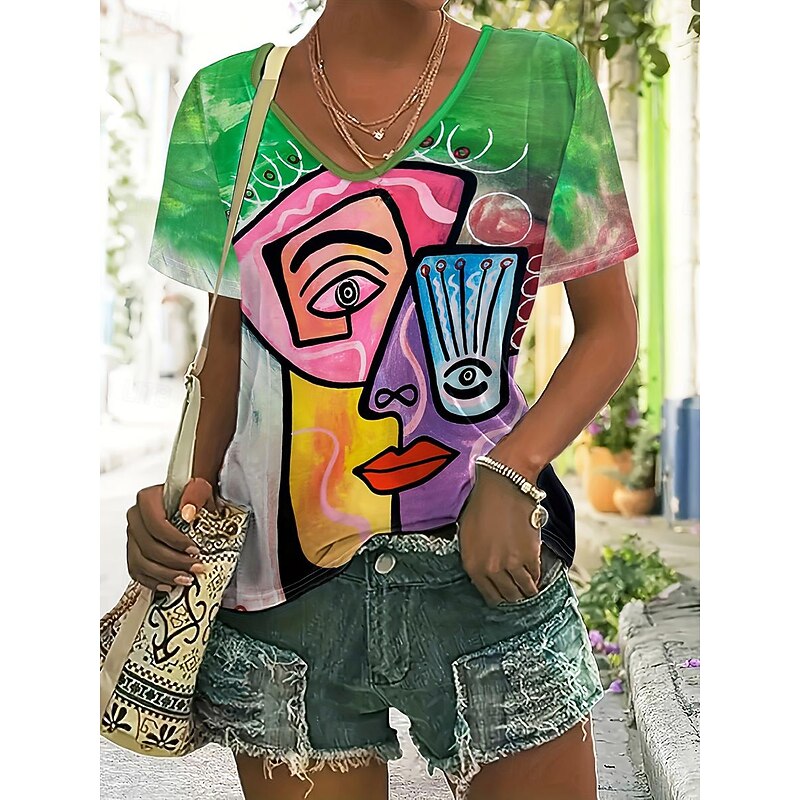 Women's T Shirt Fashion Casual Abstract Print Short Sleeve Regular Tops V Neck Daily Rainbow Summer