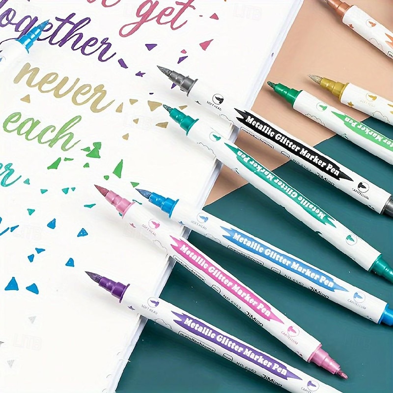 Metallic Glitter Dual Tip Marker Pens with Brush and Fine Nibs Craft Supplies Scrapbooking 10pcs
