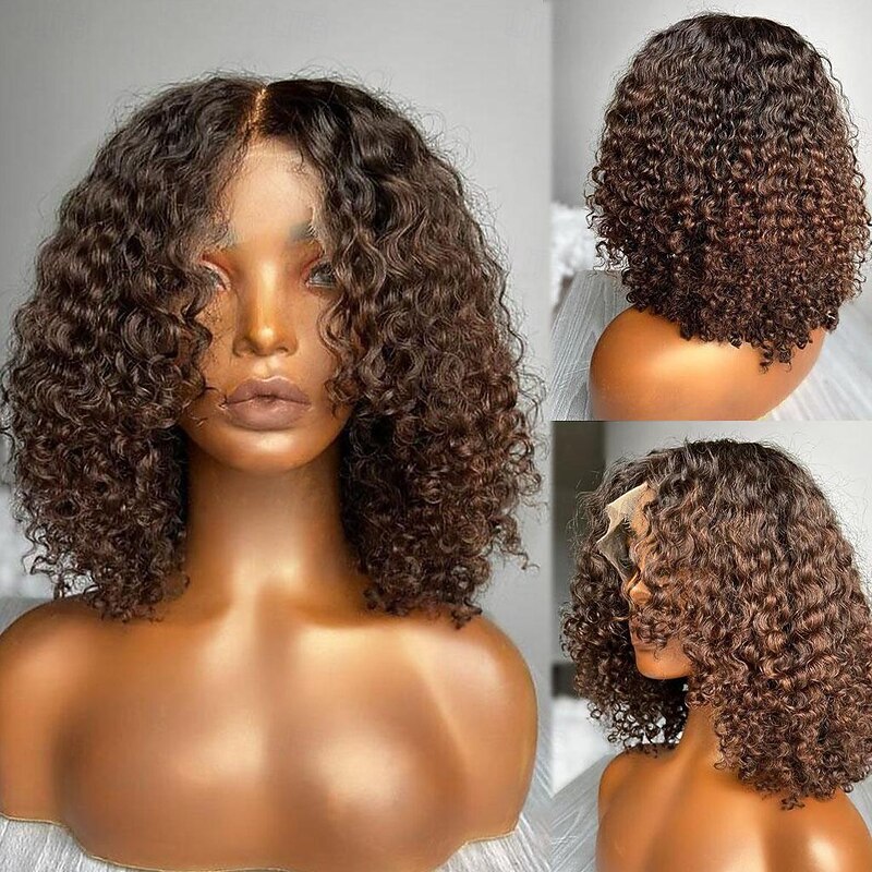 Unprocessed Virgin Hair 13x4 Lace Front Wig Short Bob Brazilian Hair Curly Water Wave Brown Wig 130% 150% Density with Baby Hair Ombre Hair Natural Hairline For Women Long Human Hair Lace Wig