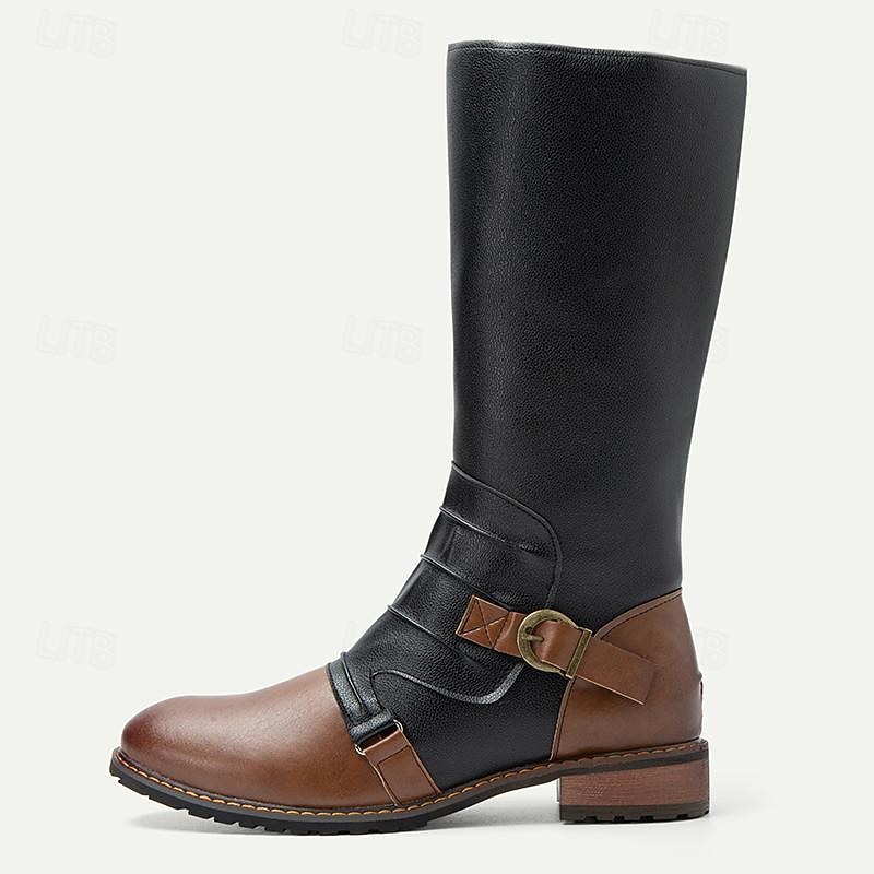 Men's Vintage Black and Brown Leather Riding Boots - Retro Knee-High Boots with Buckle Detail for Casual and Outdoor Wear3