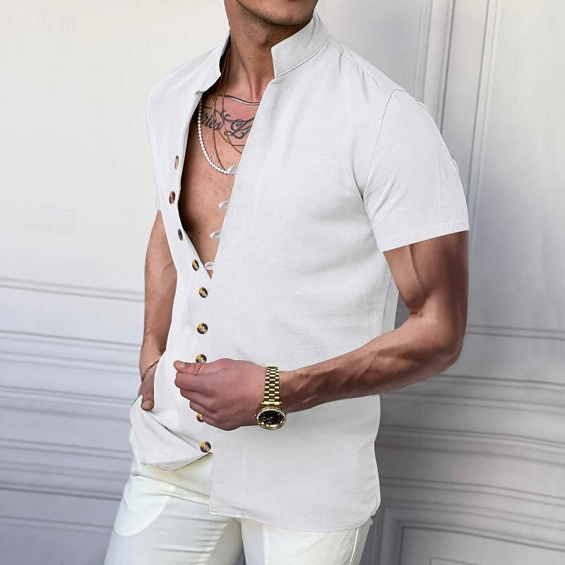 Men's Shirt Linen Shirt Chinese Collar Shirt Mandarin Collar Shirt Casual Shirt Button Up Shirt Plain Vacation Street Black White Pink Khaki Short Sleeve Grandad Collar Summer Clothing Apparel3