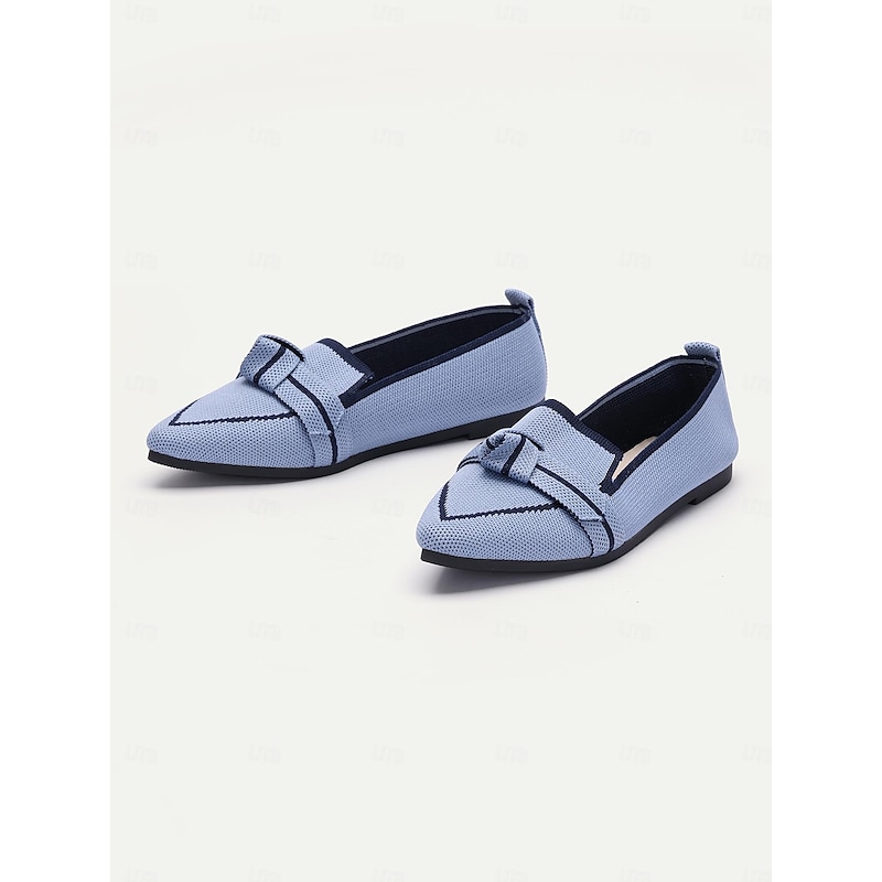 Women's Blue Knit Pointed Toe Flats with Bow – Comfortable Slip-On Loafers for Casual and Everyday Wear3