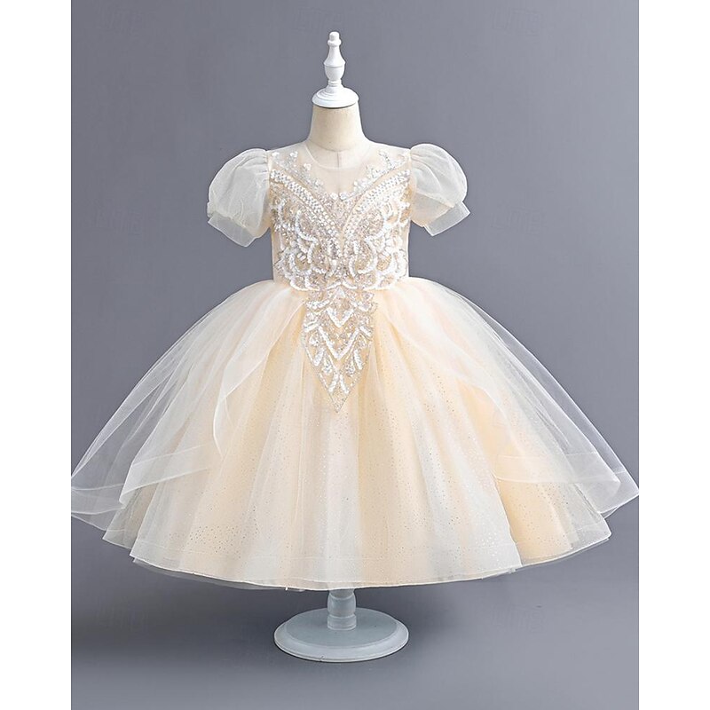Girls' 3D Solid Color Flower Girl Dress Party Dress Short Sleeve Summer Spring Performance Wedding Party Princess Beautiful Sweet Kids 4-12 Years Party Dress Swing Dress Tulle Dress Maxi Regular Fit4