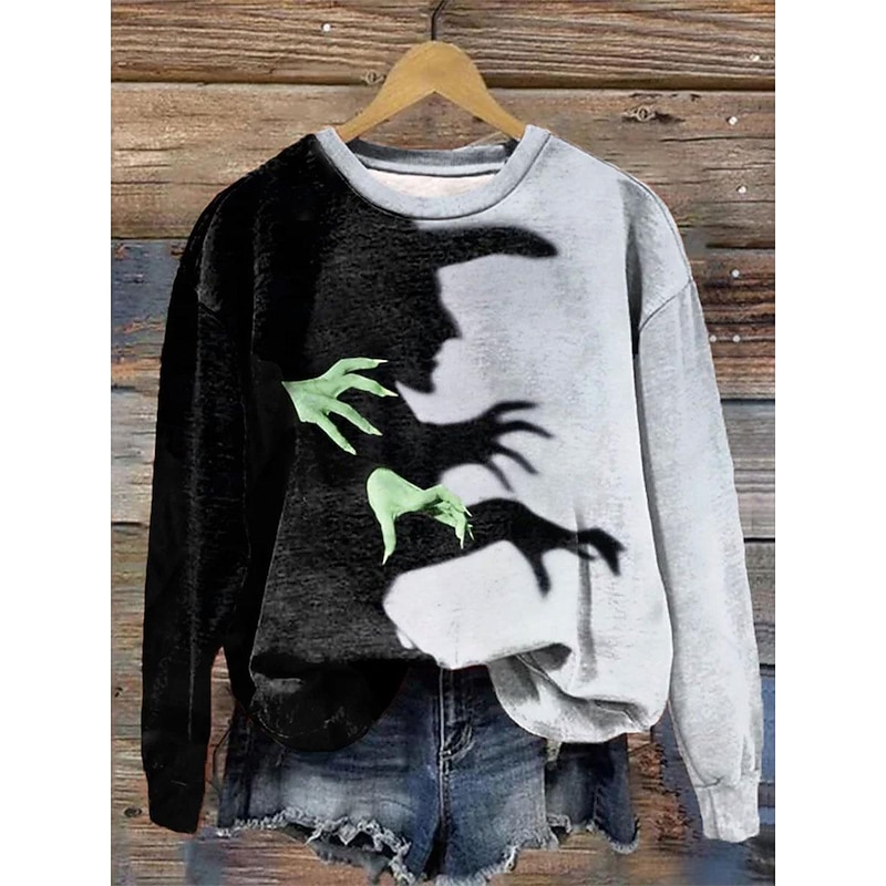 Halloween Women's T Shirt Color Block Casual Long Sleeve Crew Neck Regular Tops Daily Print Purple Green Gray Spring Fall & Winter