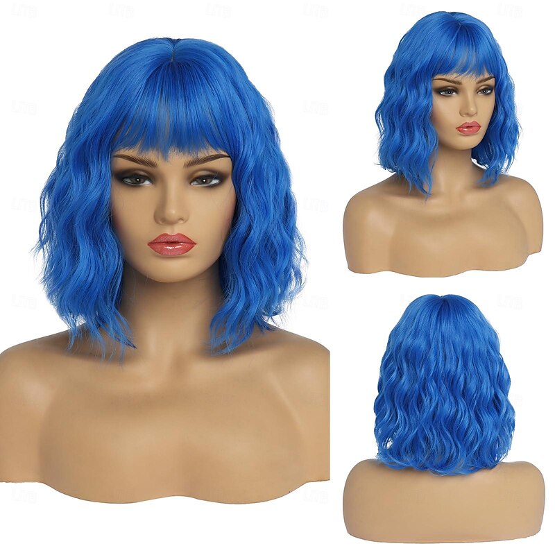 Short Wigs for Women Wavy Bob Wig with Bangs Medium Length Synthetic Hair Water Wave Dark Roots Wig Halloween Cosplay Party Wigs2