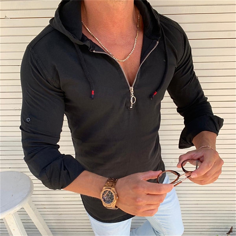 Men's Shirt Summer Shirt Casual Shirt Beach Shirt Black White Long Sleeve Plain Hooded Hawaiian Holiday Zipper Clothing Apparel Fashion Casual Comfortable4