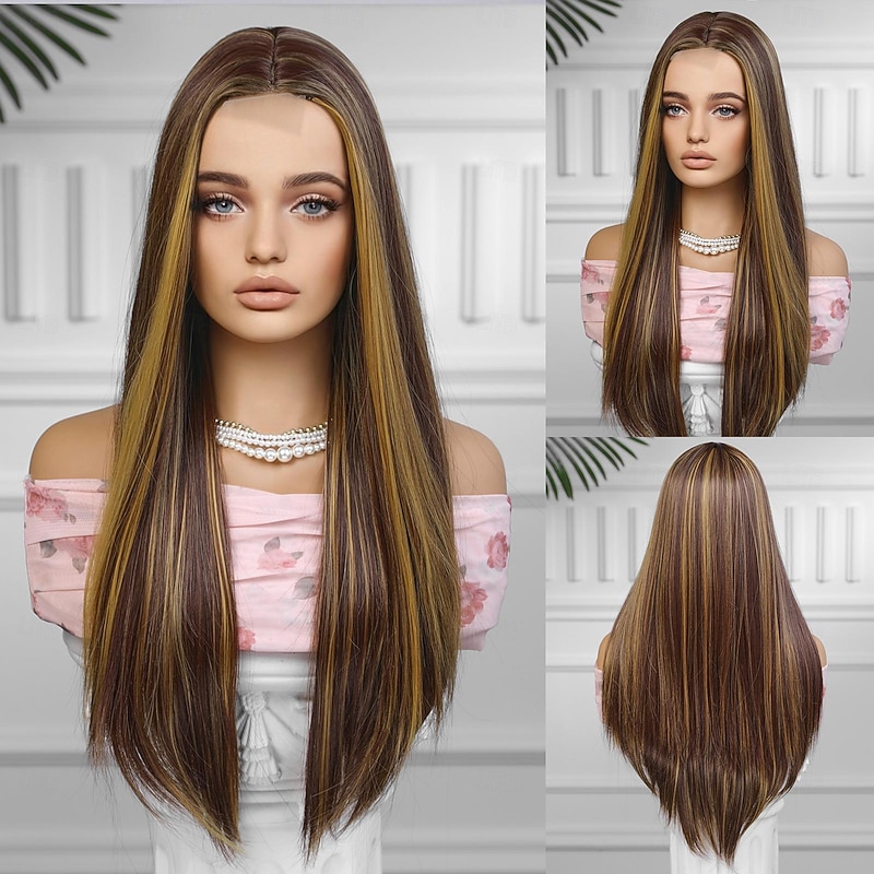 Synthetic Lace Wig Body Wave Style 28 inch Brown Middle Part U Part Wig Women's Wig Brown / Burgundy