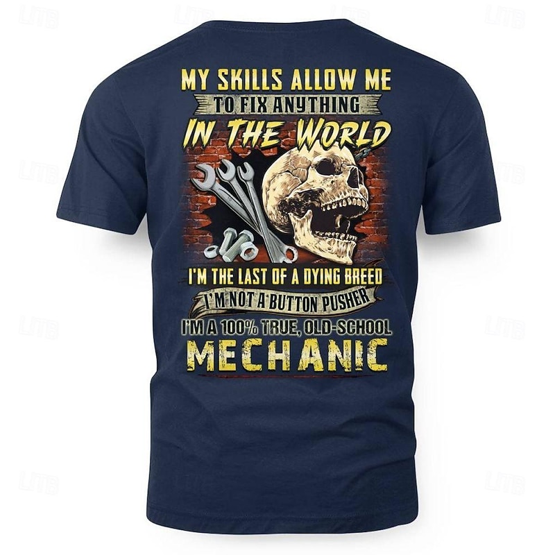Old School Mechanic Men's T-Shirt - 'My Skills Fix Anything, Not A Button Pusher' Funny Graphic Tee for Tradesmen.3
