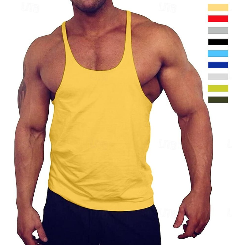 Men's Running Tank Workout Tank Muscle Tank Tops Deep U Sleeveless Yoga Sports Outdoor Casual Activewear Gym Breathable Soft Solid Color Crimped Royal Blue Crimped gray Activewear Cotton Blend