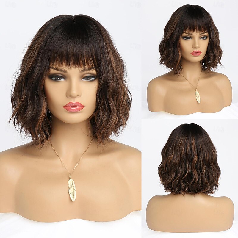 Short Brown Highlight Wigs for Women Ombre Dark Brown Mixed Gold Wig Highlights with Bangs Medium Length Synthetic Hair Wavy Bob Wig Colorful Wigs Halloween Wigs2