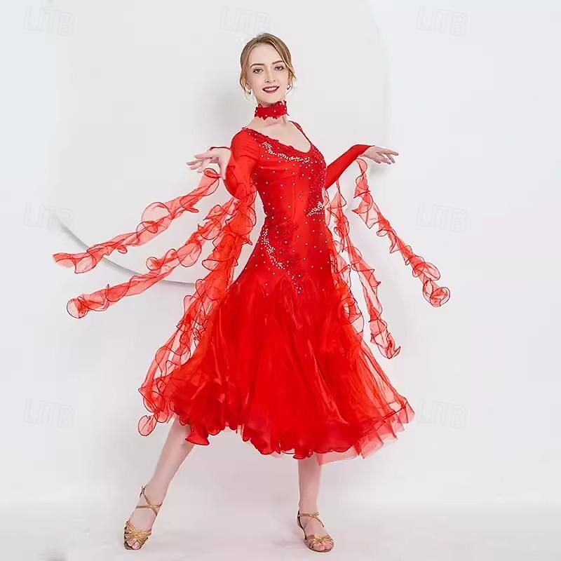 Women's Ballroom Dance Dress Modern Waltz Tango Dancing Clothes Long Sleeve Competition Performance Dance Dress