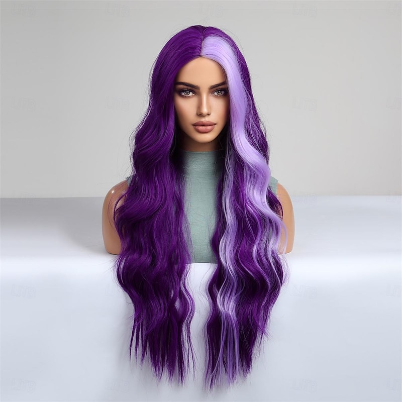Synthetic Wig Uniforms Career Costumes Princess Straight kinky Straight Middle Part Layered Haircut Machine Made Wig 26 inch Purple / Blue Synthetic Hair Women's Cosplay Party Fashion Purple2