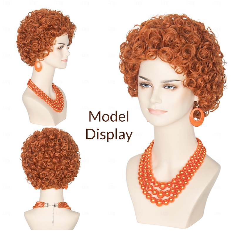 Women Rope Short Curly Red Orange Wig with Orange Oversized Jewelry Set Carnival Party Wig Outfit Halloween Wigs3